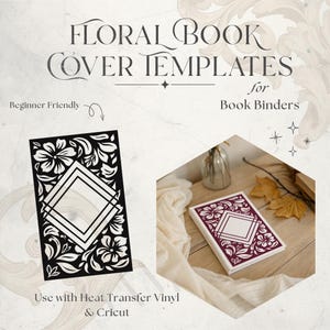 Peut inclure: Modèles de couvertures de livres florales pour relieurs avec le texte Floral Book Cover Templates for Book Binders, Beginner Friendly, et Use with Heat Transfer Vinyl & Cricut. Inclut un motif floral noir et un livre au design bordeaux.