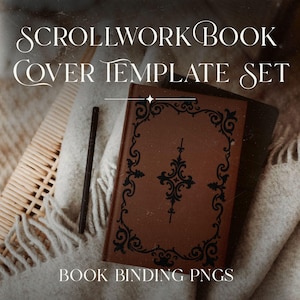 May include: A brown book cover template set featuring black scrollwork designs. The text reads SCROLLWORK BOOK COVER TEMPLATE SET and BOOK BINDING PNGS. A black pen is positioned next to the book cover on a textured fabric surface.