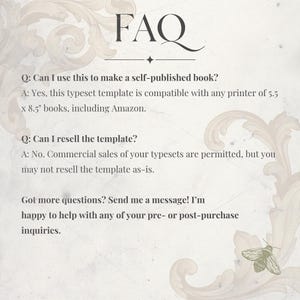 Op de afbeelding: Een digitaal FAQ-document met een lichte achtergrond en decoratieve krullen met een bij. De tekst behandelt de compatibiliteit voor het zelf publiceren van boeken van 14 x 21,6 cm, doorverkoopbeperkingen en contactinformatie voor vragen.