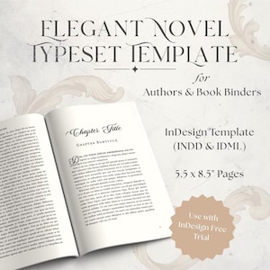 Op de afbeelding: Een open boek met de titel "Chapter Title" en tekst, onderdeel van een "Elegant Novel Typeset Template" voor auteurs en boekbinders. De sjabloon is voor pagina's van 14 x 21,6 cm en is een InDesign-sjabloon.