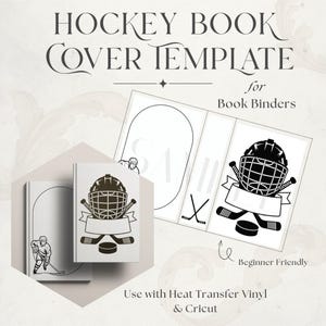 May include: A white book cover template with a hockey theme. The cover features a black hockey helmet, crossed hockey sticks, and a hockey puck. The text "HOCKEY BOOK COVER TEMPLATE" is displayed at the top. The template is designed for book binders.