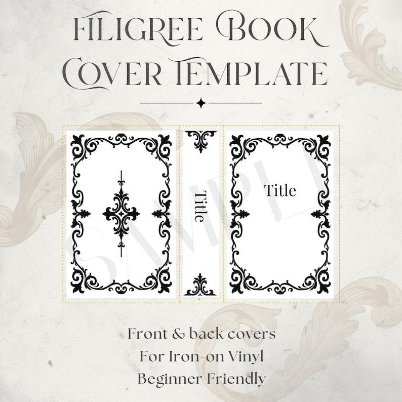 Filigree Digital Download Template Scrollwork Book Cover Design Vinyl Cutting File Decorative Spine Pattern Elegant Book Design Project Customizable Template Size Bookbinding Supplies DIY Journal Making Craft Project Materials PNG Format File Cricut