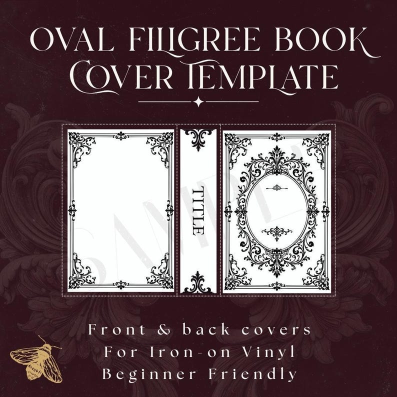 Book Cover Template Digital File Vinyl Cutting Design SVG Download Customizable Scrollwork Pattern Ornamental Spine Template HTV Crafting Project Filigree Frame Design DIY Journal Making Layout Elegant Decorative Elements Instant Download
