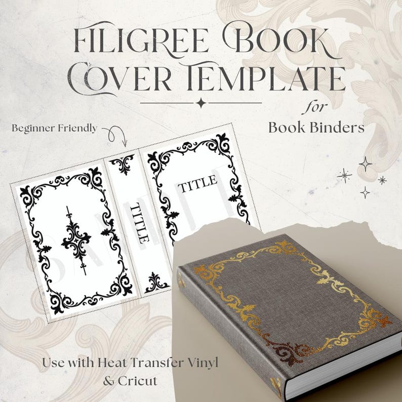 Scrollwork Book Template Digital Download Vinyl Cutting Design File DIY Bookbinding Project Decorative Book Cover Template Elegant Spine Design Pattern Handmade Books Creation Custom Journal Making Cricut Compatible File Silhouette Cutting Filigree
