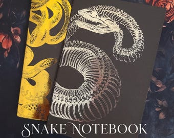 Snake Journal Notebook Set Handmade Gothic Writing Book Witch Stationery Black Skeleton Design Gold Foil Metallic Art Occult Aesthetic Dark