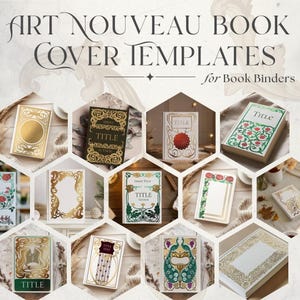 May include: Art Nouveau book cover templates for book binders. The image displays various book cover designs with ornate gold and green detailing. The covers feature floral and geometric patterns, with the word "TITLE" visible on several covers.