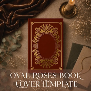 May include: A deep red hardcover book featuring a central gold foil oval frame surrounded by intricate floral scrollwork and rose motifs. The cover design includes a rectangular border with corner accents, providing a blank space for text.
