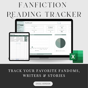 Peut inclure: Un outil de suivi de lecture de fanfictions numérique affiché sur un écran d'ordinateur portable et de tablette. L'interface comprend un tableau de bord avec des graphiques, un journal d'histoires et des statistiques. Texte : FANFICTION READING TRACKER.