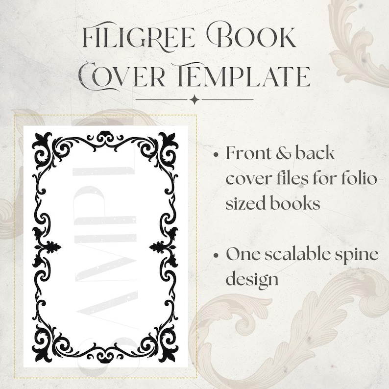 Filigree Cricut Compatible Template Book Cover Design Scrollwork Pattern Digital Download File Vinyl Cutting Project Silhouette Ready Format PNG File Download DIY Bookbinding Template Decorative Spine Design Elegant Cover Pattern Customizable Size