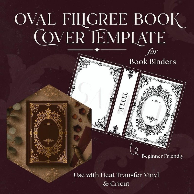 Scrollwork Pattern Vinyl Cutting File Digital Download Book Cover Design Template SVG Format Ornamental Filigree Frame Spine Template Layout HTV Crafting Project DIY Bookbinding Design Customizable Journal Making Template Elegant Decorative