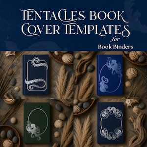 Pode incluir: Modelos de capas de livros com desenhos de tentáculos para encadernadores. A imagem mostra várias capas de livros em azul marinho e verde, com ilustrações de tentáculos prateados. O texto na parte superior diz "TENTACLES BOOK COVER TEMPLATES for Book Binders."