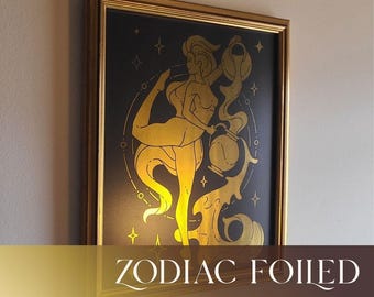 Zodiac Wall Art Metallic Design Foiled Constellation Gift Women Horoscope Handmade Astrology Print Black Cardstock Celestial Hanging Bedroom