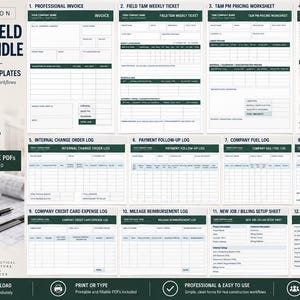 Puede incluir: Un paquete de formularios de construcción para oficina y campo con 12 plantillas PDF imprimibles y rellenables. El documento incluye facturas profesionales, hojas de tiempo, hojas de precios, solicitudes de cambio y varios registros para gastos, kilometraje y seguimiento.