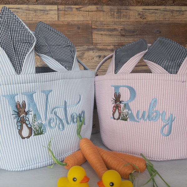 Personalized Embroidery Peter Rabbit Easter Basket • Seersucker Storage • Baby Keepsake Gift • Baby Shower Gift - Beatrix Potter Nursery