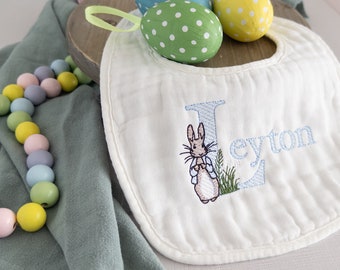 Peter Rabbit Personalized Baby Boy Embroidery Drool Bib • Organic Cotton Muslin Bib • Personalized Organic Bib • Baby Shower Gift