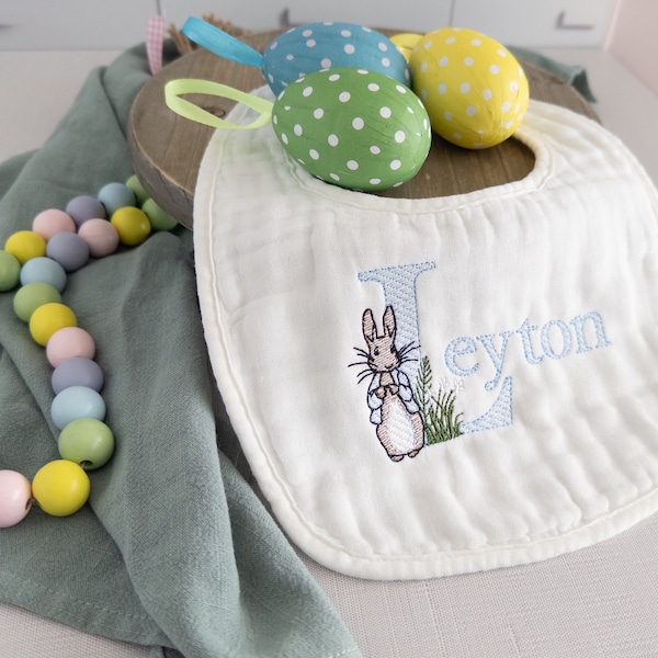 Peter Rabbit Personalized Baby Boy Embroidery Drool Bib • Organic Cotton Muslin Bib • Personalized Organic Bib • Baby Shower Gift