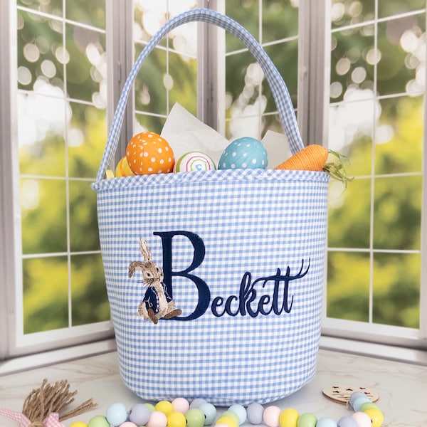 Personalized Peter Rabbit Embroidered Nursery Storage Basket • Personalized New Baby Gift Basket • Blue Gingham Easter Bunny Bucket