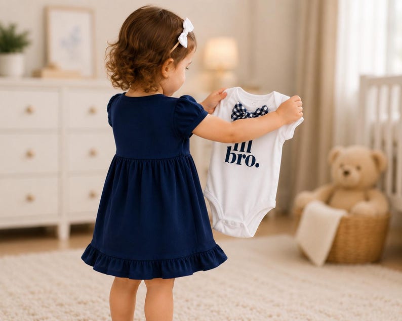 May include: A navy blue short-sleeved dress with a ruffled hem and a white baby bodysuit featuring a navy blue gingham bow tie and the text "lil bro." printed in navy blue letters on the front, held up by a child wearing a white hair bow.