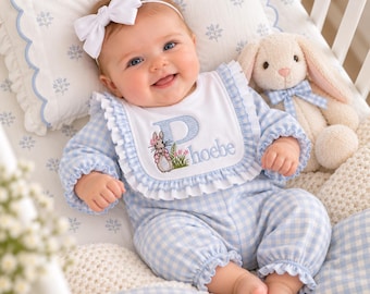 Personalized Peter Rabbit Baby Romper • Blue & White Check Girl Ruffle Outfit