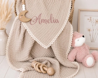 Personalized Baby Muslin Swaddle Blanket with Lace Edge/Embroidered Keepsake/Bringing Home Blanket