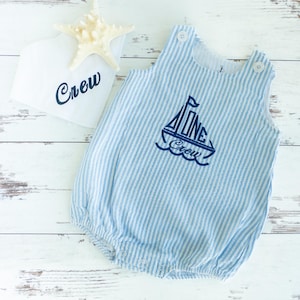 Embroidered Sailboat Seersucker Baby Romper: First Birthday Outfit