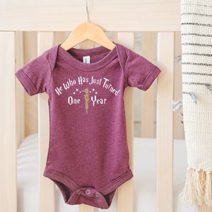 Wizard Baby’s 1st Birthday Outfit/Magical First Birthday Theme/Wizard Theme Birthday/He Who Has Just Turned One Year/Burgundy Wizard Shirt