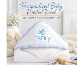 Personalized Baby Boy Hooded Towel, Blue Gingham Trim, Cotton Terry, Vintage Embroidery Design