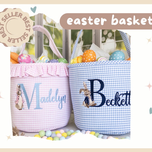 Personalized Peter Rabbit Embroidered Nursery Storage Basket • New Baby Gift Basket • Pink, Blue, Purple, Green Gingham Easter Bunny Bucket