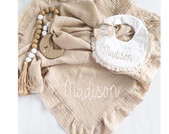 Personalized Muslin Baby Swaddle Blanket: Ruffle Trim, Embroidered Name
