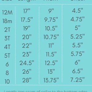 May include: A light blue sizing chart for a short sleeve dress with dark gray text. The table lists sizes from 12M to 10, providing length, width, and chest measurements in inches. Definitions for length, width, and chest are included at the bottom.
