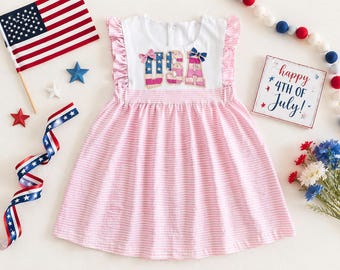 Girls Patriotic USA Dress, Pink Stripe Summer Outfit, Faux Applique Twirl Toddler Dress