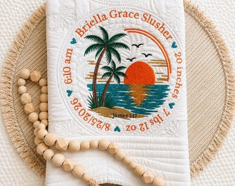 Personalized Baby Quilt with Birth Stats, Tropical Sunset Beach Blanket, Custom Newborn Keepsake