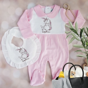 Personalized Baby Shower Gift • Personalized Vintage Rabbit Infant Romper • Baby Girl Pink Coming Home Outfit • Embroidered Baby Bib