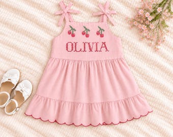 Personalized Pink Cotton Linen Dress, Cherry Embroidered Toddler Sundress, Summer Birthday Outfit