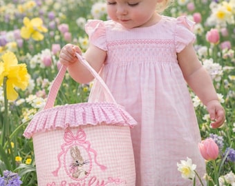 Personalized Pink Gingham Easter Basket | Embroidered Bunny, Custom Name