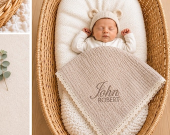Personalized Baby Muslin Swaddle Blanket with Lace Edge/Embroidered Keepsake/Bringing Home Blanket