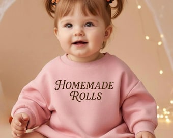 Homemade Rolls Baby Romper, Pink Thanksgiving Sweatshirt Bubble