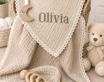 Personalized Baby Swaddle Blanket with Lace Edge/Embroidered Keepsake/Bringing Home Blanket