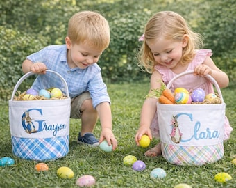 Personalized Peter Rabbit Easter Basket, Tartan Plaid Tote