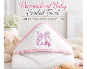 Personalized Baby Girl Hooded Towel, Pink Gingham Trim, Cotton Terry, Vintage Embroidery Design