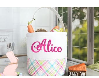 Personalized Embroidered Tartan Plaid Easter Basket: Custom Name Tote