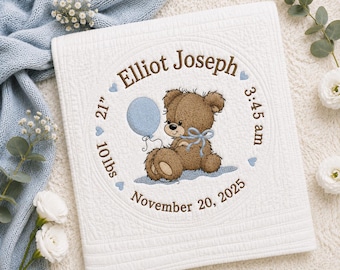 Personalized Baby Boy Birth Stats Quilt: Teddy Bear Heirloom Cotton Blanket
