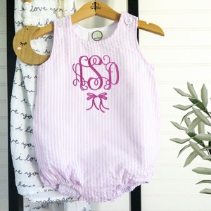 Baby Girl Monogram Romper  • Girls Sunsuit with Monogram and bow • Embroidery Sun Bubble