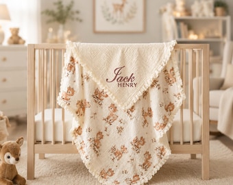 Personalized Woodland Baby Muslin Blanket with Ruffle Edge/Embroidered Keepsake/Bringing Home Blanket