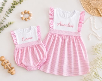 Personalized Toddler Summer Sundress | Baby Sunsuit | Pink and White Cotton Knit | Monogram Girl Gift
