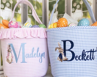 Personalized Peter Rabbit Embroidered Nursery Storage Basket • Personalized New Baby Gift Basket • Pink or Blue Gingham Easter Bunny Bucket