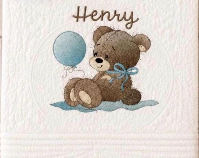 Personalized Baby Boy White Quilt: Teddy Bear Heirloom Blanket