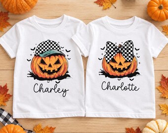 Brother Sister Halloween Shirt, Customized Matching Jack-O-Lantern Shirts
