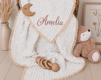 Personalized Baby Muslin Swaddle Blanket with Lace Edge/Embroidered Keepsake/Bringing Home Blanket