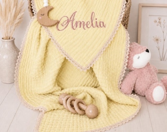 Personalized Baby Muslin Swaddle Blanket with Lace Edge/Embroidered Keepsake/Bringing Home Blanket